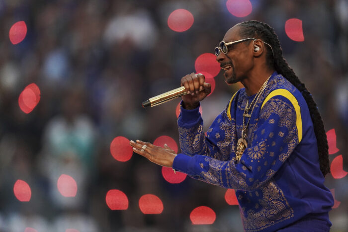 Snoop Dogg performs during halftime of the game between the Los Angeles Rams and Cincinnati Bengals in Super Bowl 56, Sunday, Feb. 13, 2022 in Inglewood, Calif. (AP Photo/Doug Benc)