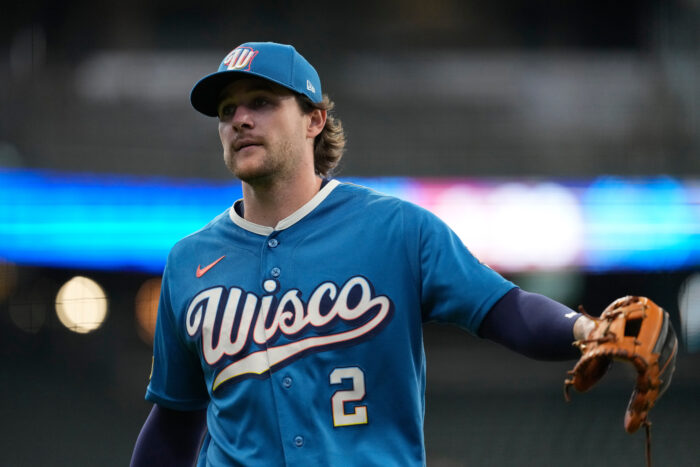 Milwaukee Brewers' Brice Turang looks on during a baseball game against the Washington Nationals, Sunday, April 12, 2026, in Milwaukee. (AP Photo/Aaron Gash)